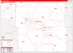 Black Hawk County, IA Wall Map Zip Code Red Line Style 2024